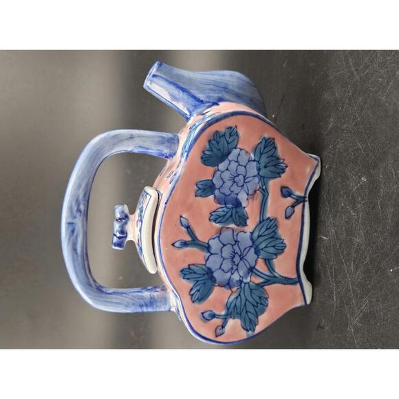 Ben Rickert Chinoiserie Teapot Blue Pink Floral Ceramic Asian Decor 5 In Tall - Picture 3 of 9